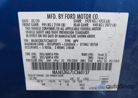 2020 Ford Ecosport Se z USA, uszkodzony, nr VIN MAJ6S3GL7LC360137